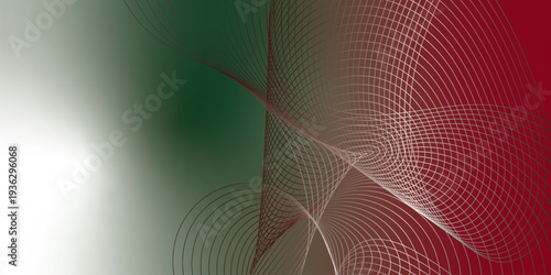 Abstract red, green and white luminous ribbons swirling across a deep dark background with sparkling micro particles, futuristic digital tech atmosphere, vector illustration