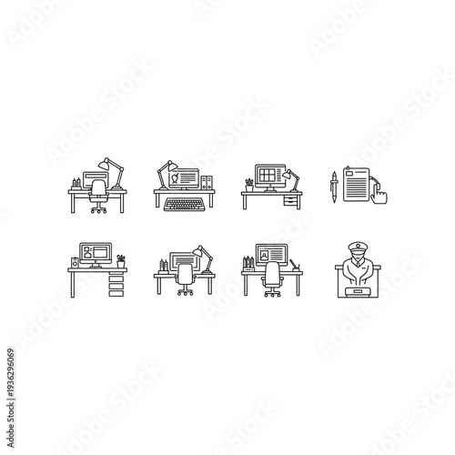A collection of various office furniture and equipment illustrations