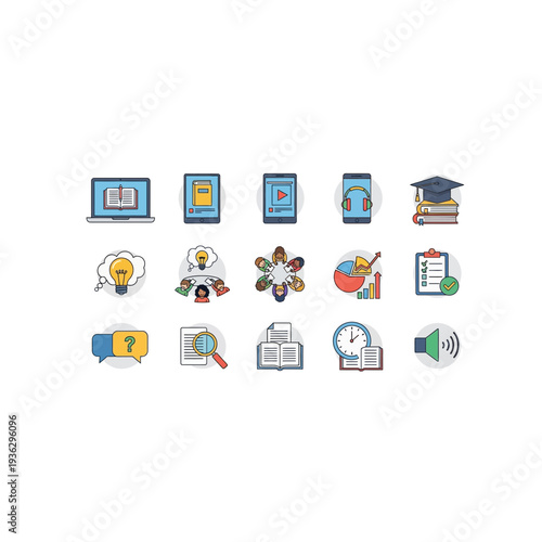 A collection of icons representing various digital and business concepts