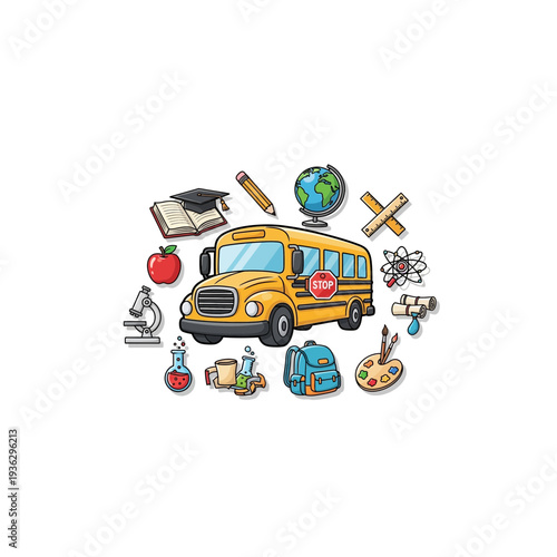 A yellow school bus surrounded by various school supplies and icons