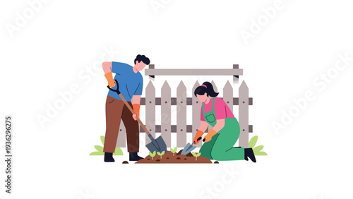 Couple Gardening Together: Man Digging, Woman Planting Seedlings with Tools by Wooden Fence