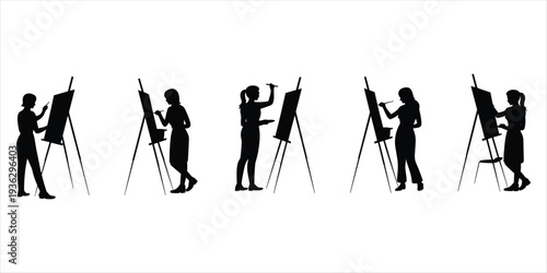Silhouette of female artists painting on easels in various poses canvas