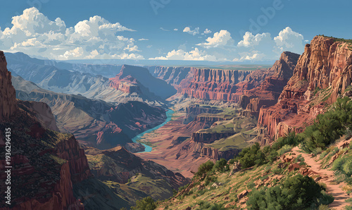 Grand Canyon, Arizona, United States scenery in illustrations, presentation images, travel image ideas, tourism promotion, postcards, Generative Ai