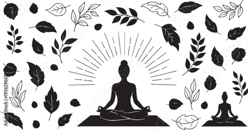 Meditation and yoga practice with leaves and sun rays