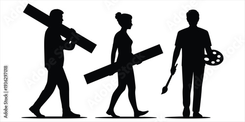 Silhouettes of three people carrying art supplies and lumber on white background woman