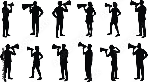 Silhouettes of People Holding Megaphones Announcing or Protesting on White Background loudspeaker announcement