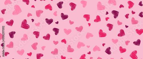 Romantic Pink Hand-Drawn Heart Pattern Background. A charming vector illustration featuring various shades of pink and magenta hearts in a sketchy, doodle style. Perfect for Valentine's Day, wedding