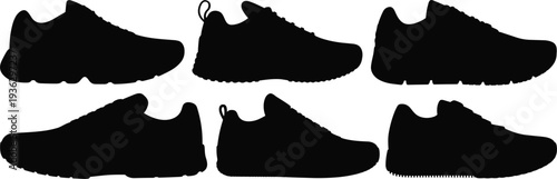 Six black silhouettes of athletic shoes on a white background sneakers running shoes