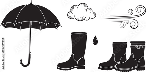 Rainy Day Essentials with Umbrella and Rubber Boots Illustration