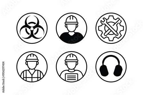 Industrial icons set including biohazard and worker silhouette illustrations