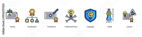 Intellectual Property Enforcement web banner featuring Variety, Classification, Certification, Intellectual Piracy, Copyright, Bottle, and Lawsuit.