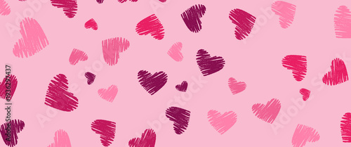 Romantic Pink Hand-Drawn Heart Pattern Background. A charming vector illustration featuring various shades of pink and magenta hearts in a sketchy, doodle style. Perfect for Valentine's Day, wedding