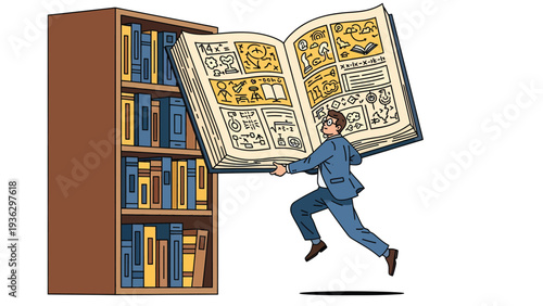 Businessman leaping from bookshelf with huge open comic book, symbolizing immersive storytelling, imagination, and knowledge