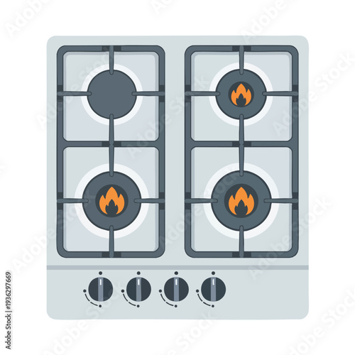 Modern Gas Stove with Four Burners and Control Knobs for Kitchen Cooking
