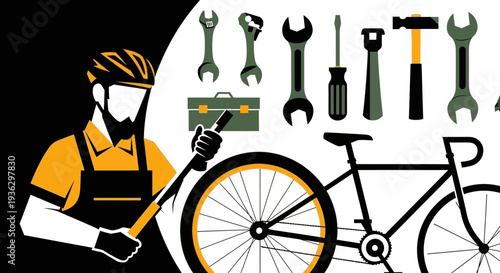 Bicycle mechanic with tools and bicycle illustration.
