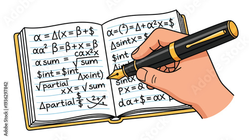 Hand with fountain pen writing complex math equations in an open notebook illustration