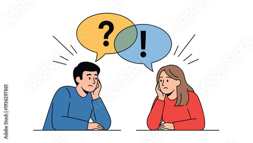 Communication breakdown concept with question and exclamation marks between two people