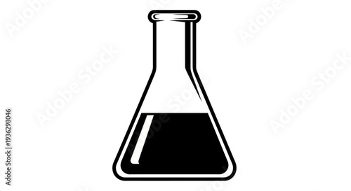Black liquid in a laboratory flask on a white background.