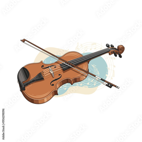 A brown violin with a bow on a white background