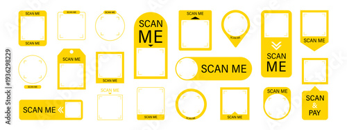 Scan me Frame. Pay now with mobile phone. Scanning barcode or QR code. Yellow button and icon in square Frame for business. Minimalist Vector illustration.
