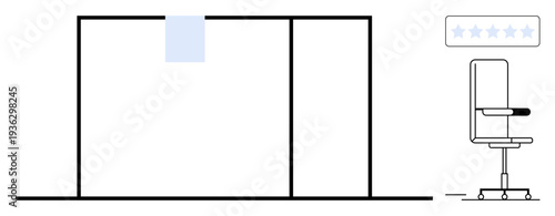 Office spaces, workplace organization, productivity, furniture design, professional settings, collaborative work. Cubicle partition with a chair and a review icon. Office spaces and productivity