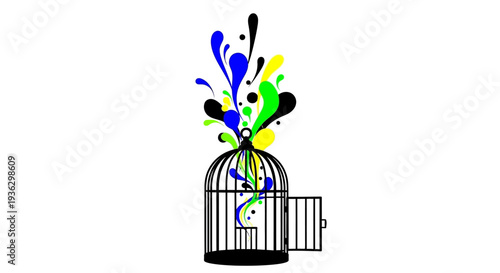 Colorful paint splashes erupting from an open birdcage.