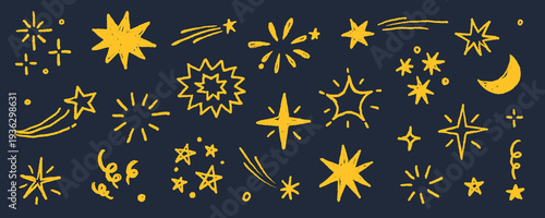 Star gold sticker icon collage set. Star icon sketch hand drawn line brush crayon texture vintage background. Cute kid magic twinkle sparkle, glow moon, space figure. Vector illustration
