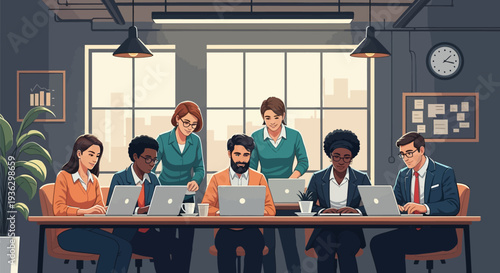 Diverse business team of five professionals collaborating in an office, analyzing market data and financial trends using laptops, tablets, and a monitor with charts during a strategy meeting.