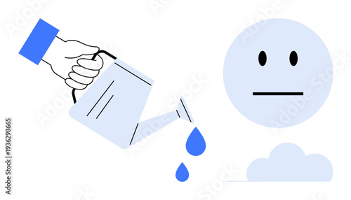 Mental health, emotional growth, self-care, mindfulness, support, wellbeing. Hand pouring water onto minimalist neutral face icon. Mental health and emotional growth symbolism