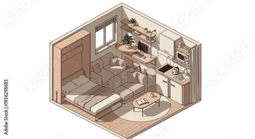 Cozy isometric studio apartment interior design illustration.