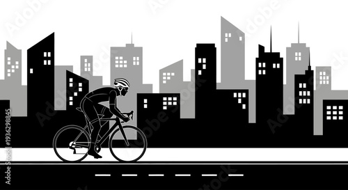 Cyclist riding bicycle in front of city skyline silhouette.