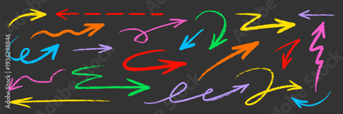 Arrow pencil brush crayon set. Arrow line hand drawn sketch with chalk marker stroke texture grunge pastel color. Fun kid doodle swirl spiral underline check symbol childish cute. Vector illustration