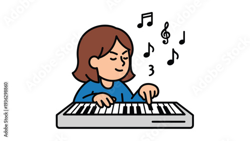 Cartoon woman playing a musical keyboard with notes. Joyful illustration of music, hobby, and creative expression.