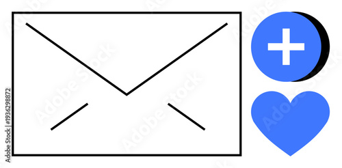 Email concept. Email envelope symbol paired with a plus sign and heart icon. Email simplifies communication, supports digital interaction, and connects people globally. For apps, social networks, UX