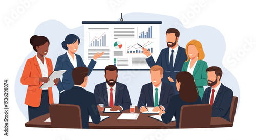 Diverse business professionals collaborating in a corporate meeting, analyzing financial data and charts on a large screen, discussing strategy and making decisions in a modern office environment.