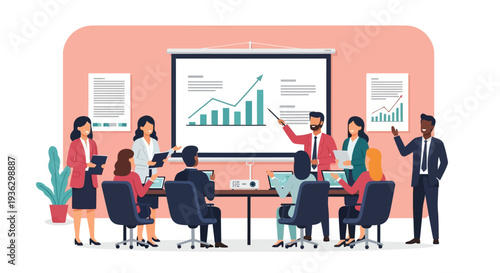 Diverse corporate team of business professionals collaborating in a modern office meeting room, reviewing financial growth charts during a presentation led by a male manager.