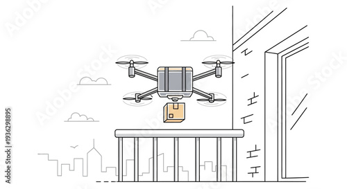 Delivery drone dropping package on balcony illustration.
