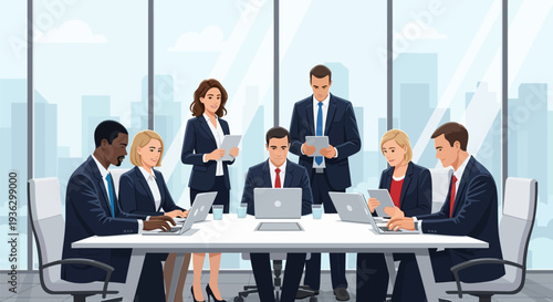 Diverse professional business team, men and women of various ethnicities, in suits, meeting in a modern glass office. They collaborate using laptops and tablets at a table with a city view.