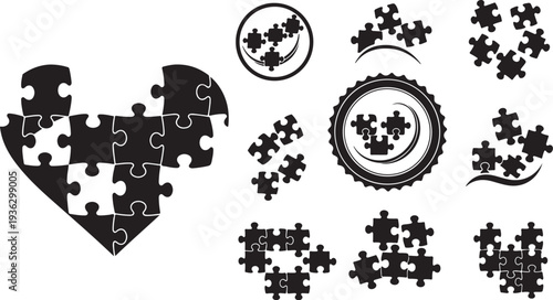 Heart shaped puzzle pieces and love concepts illustration set