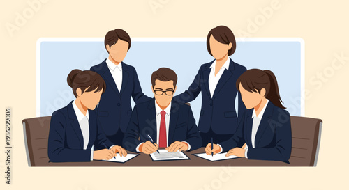 Diverse business professionals in a corporate office meeting collaboratively analyze upward trending financial charts and bar graphs displayed on a large screen, actively working on laptops.