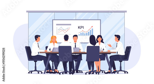Diverse business professionals in a corporate office meeting collaboratively analyze upward trending financial charts and bar graphs displayed on a large screen, actively working on laptops.