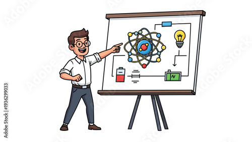 Cartoon man explaining science concepts on whiteboard: atom model and electrical circuit diagram