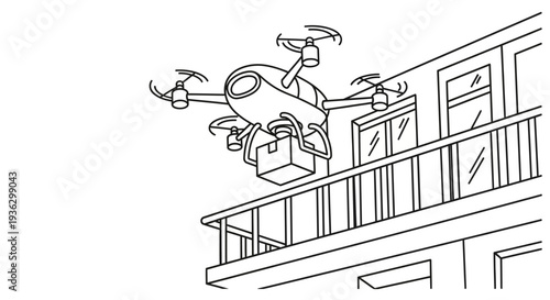 Drone delivering package to balcony of modern building.