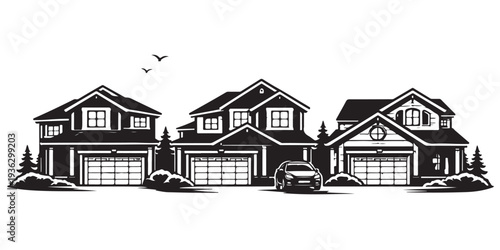 Modern Suburban Homes Silhouette, Silhouette Vector, Isolated on White Background