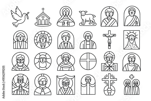 Christian icon vector illustration set featuring Jesus and religious symbols