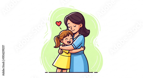 Mother and daughter sharing a warm hug with love and affection on a green background