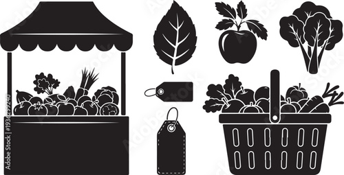 Vegetable market stand with fresh produce and shopping basket