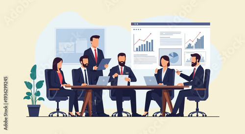 Diverse business professionals collaborating in a modern office setting, discussing data from a whiteboard with charts, working on laptops and tablets, depicting corporate teamwork and strategy.