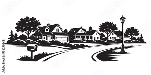 Quiet Suburb Skyline Silhouette, Silhouette Vector, Isolated on White Background