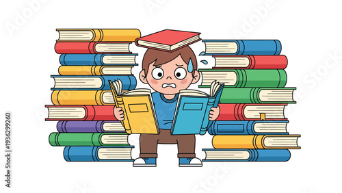Overwhelmed student studying with a mountain of books, academic stress and workload concept